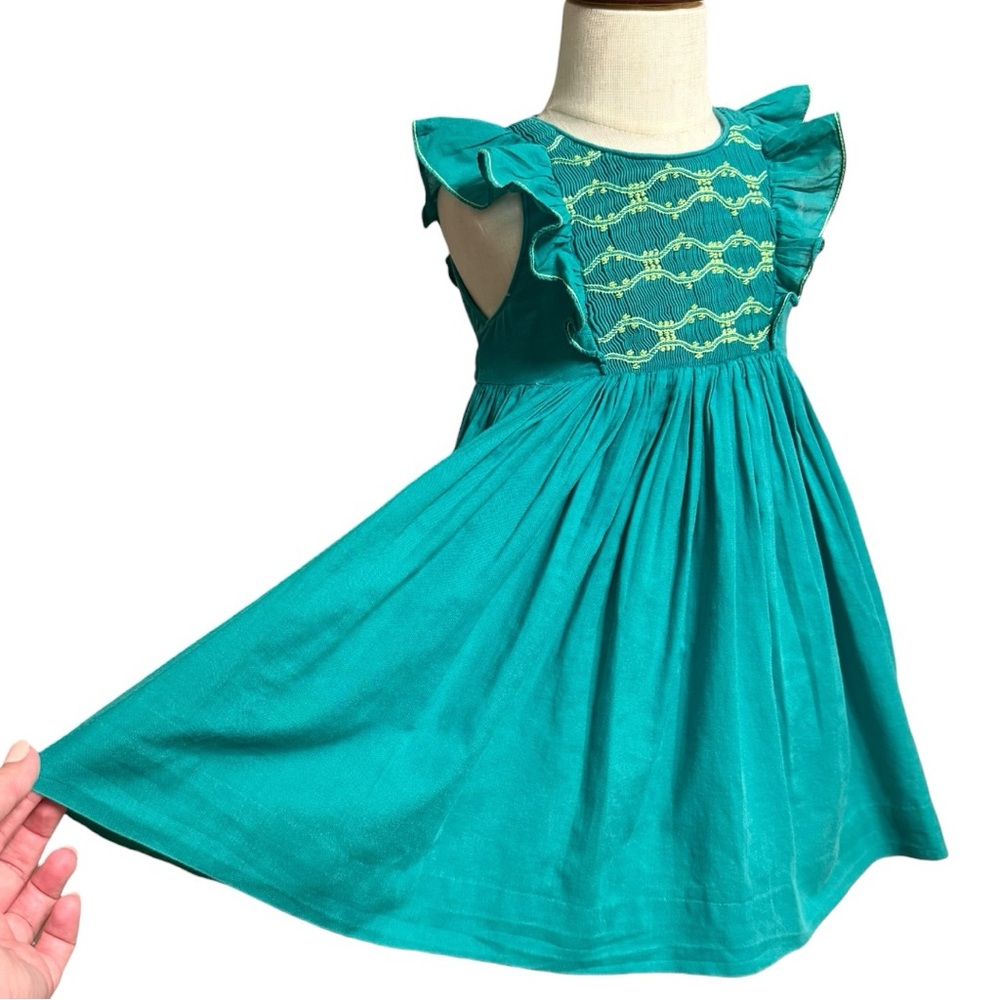 Charlotte Sy Dimby Paris Hand Smocked Teal Heirloom Dress 3A Toddler - Picture 7 of 11